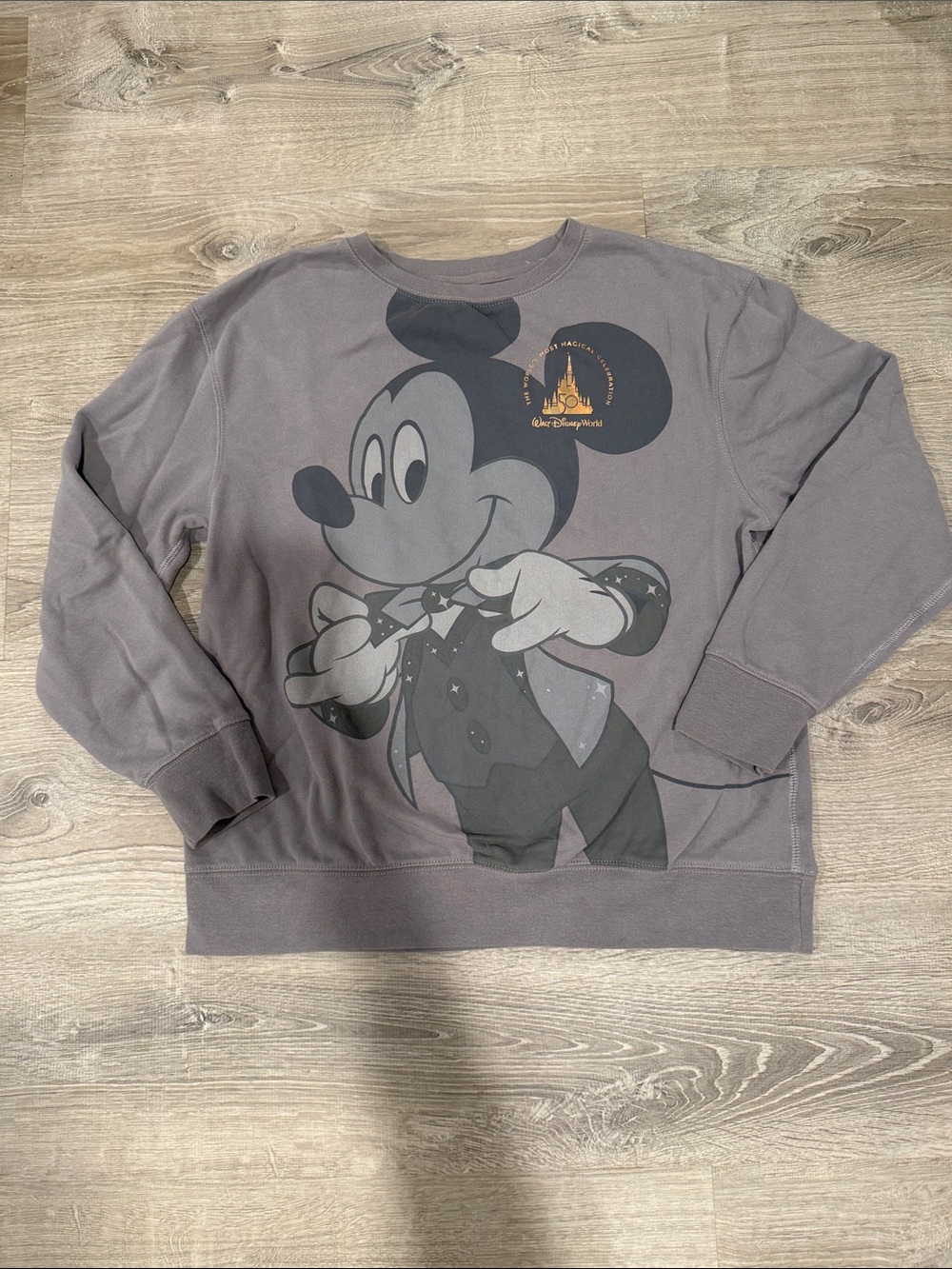 WDW 50th Anniversary Mickey Mouse Gray Crewneck with Gold Castle Accent